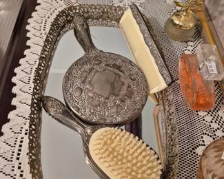 Silver plate brush and mirror set