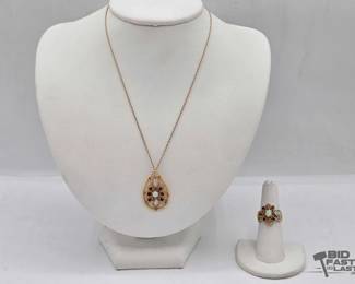 702  14kt Gold Necklace and Ring Set with Opals and SemiPrecious Stones 10.0g