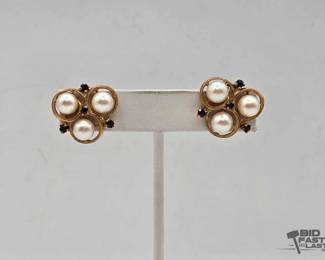701  14kt Gold ClipOn Earrings with Pearls and Sapphire 10.4g