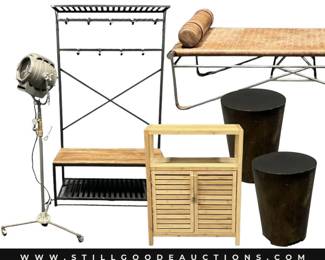 Sterling Silver flatware, cowboy boots, drone, mid-century modern furniture, Hauser Saville benches, pet supplies, 14k gold jewelry, Invicta watch, Lefton, vintage clocks, professional lighting, pinball machine, stained glass, Ethan Allen furniture, Spode, binoculars, vintage books, Micheal Kors, watercolors, vinyl record albums