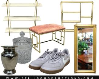 Sterling Silver flatware, cowboy boots, drone, mid-century modern furniture, Hauser Saville benches, pet supplies, 14k gold jewelry, Invicta watch, Lefton, vintage clocks, professional lighting, pinball machine, stained glass, Ethan Allen furniture, Spode