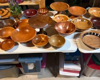 A beautiful assortment of one-of-a-kind turned bowls, segmented baskets, pedestal display bowls, serving bowls, and decorative centerpieces in a variety of exotic hardwoods. Perfect for collectors or everyday use.