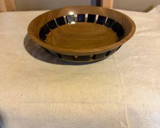 Beautiful handcrafted segmented hardwood bowl featuring contrasting wood inlays and open lattice design. Exceptional woodworking craftsmanship.