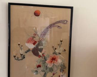 Vintage Chinese Silk Embroidery Panel with Bird and Peony