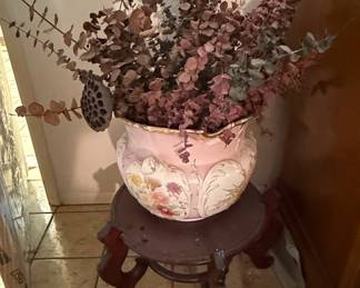 Victorian Style Ceramic Vase with Floral Motif and Dried Eucalyptus Arrangement