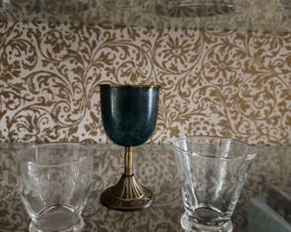Art Deco Green Marble and Brass Goblet with Etched Glass Tumblers