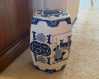 Blue and White Chinoiserie Porcelain Garden Stool with Peonies and Birds