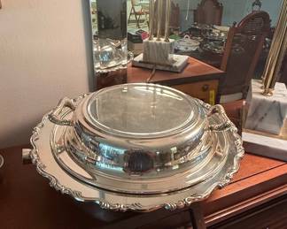 Silver Plated Covered Serving Dish with Warming Tray and Divider