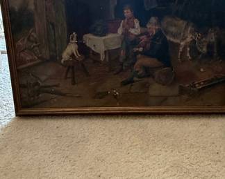 Oil Painting of a Rustic Scene with Violinist and Flutist
