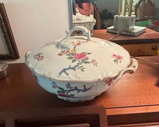 Antique Limoges Porcelain Tureen with Floral and Bird Motif by A. Lanternier