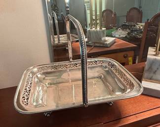 Antique Silver-Plated Footed Serving Basket with Swing Handle and Decorative Tray