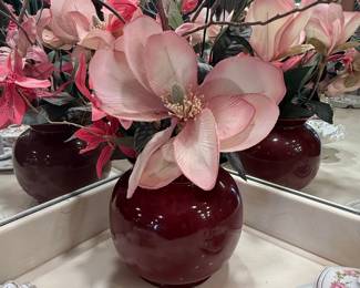 Artificial Magnolia and Lily Arrangement in Burgundy Vase