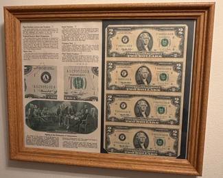 Framed 1976 Bicentennial $2 Bill and Sheet of Four Boston Federal Reserve $2 Bills