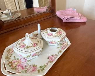 Vintage Rose Pattern Porcelain Vanity Set with Tray