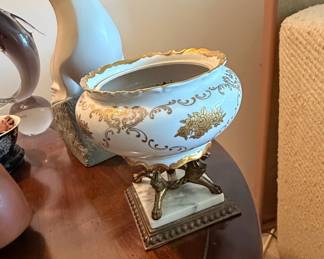 Antique Capodimonte Style Italian Porcelain Centerpiece Bowl with Marble and Bronze Base