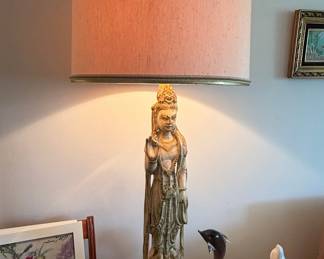 Vintage Asian Chalkware Guanyin Table Lamp