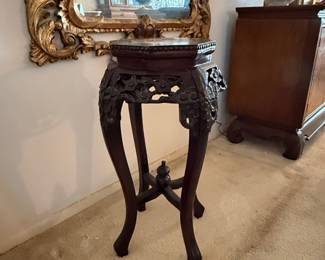 Antique Chinese Carved Rosewood Pedestal Plant Stand with Rouge Marble Top