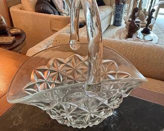 Vintage Cut Crystal Glass Basket with Handle - Star and Fan Pattern