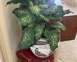 Dieffenbachia (Dumb Cane) in Chinese Export Porcelain Ginger Jar with Wooden Stand