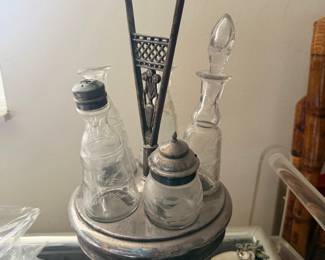 Victorian Style Condiment Set with Etched Glass