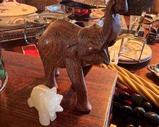 Carved Wooden Elephant Figurine with Small Carved Turtle Figurine