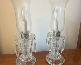 Pair of Etched Crystal Hurricane Lamps with Prisms