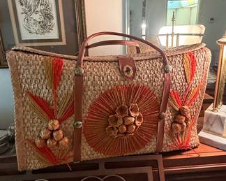 Vintage Acapulco Style Straw Tote Bag with Leather Accents