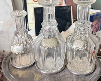 Crystal Decanter Set with Silver Labels (Bourbon, Gin, Scotch) on Silver-Plated Tray