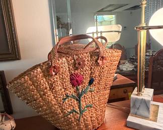 Straw Tote Bag with Floral Embroidery and Leather Flower Accents