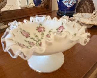 Fenton Silver Crest Hand-Painted Rose Milk Glass Compote