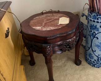 Antique Chinese Carved Rosewood Marble Top Side Table