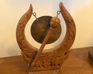 Vintage Carved Wood and Brass Gong with Mallet