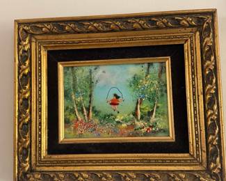Louis Cardin Enamel on Copper Painting of Girl Jumping Rope