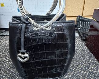 Brighton "Corazon" Black Croc Embossed Heart Handle Handbag
