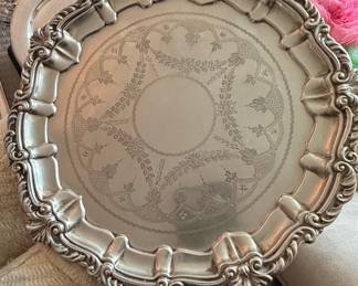Ornate Silver-Plated Serving Tray with Scrollwork and Floral Motifs