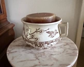 Brown Transferware Chamber Pot with Bird and Floral Motif