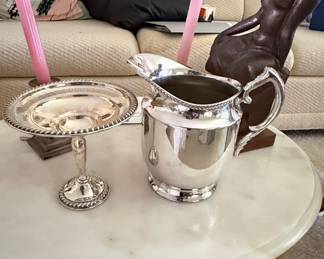 Silver-Plated Water Pitcher and Footed Dish Set