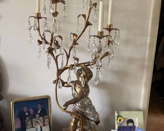 Antique French Gilt Bronze Cherub Candelabra with Crystal Drops