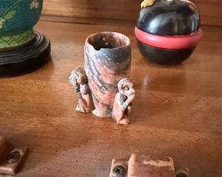 Carved Soapstone Match Holder with "No Evil Monkeys" Figures