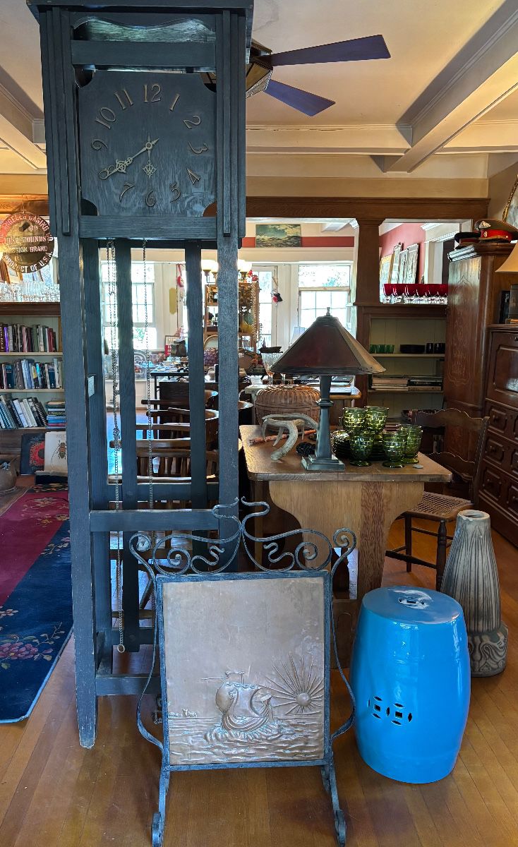  Arts & Crafts Mission Grandfather clock, copper fire screen