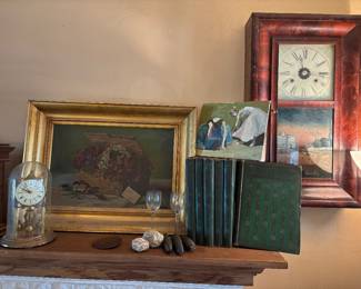 Oil paintings clocks & books