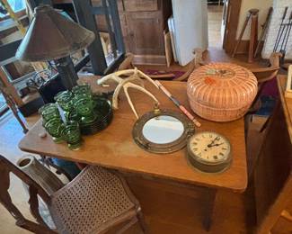 Luncheon dishes, antlers, basket clock 