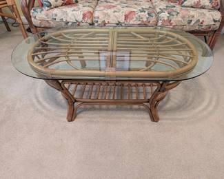 Boca Rattan oval coffee table with glass top : $200