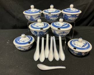 Lided Blue  White Bowls  Spoons