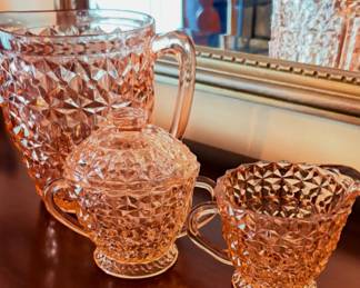 VintageJeannette Pink Depression Glass Creamer and Sugar and Pitcher /Windsor Diamond patterns