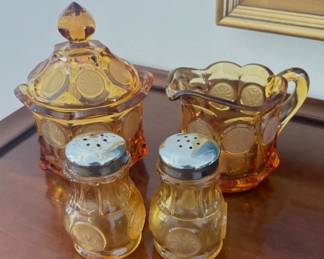 Vintage Fostoria Amber Coin Glass  Cream and  Sugar Set- Salt and Pepper Set