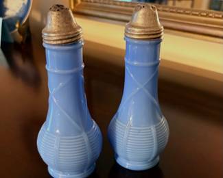 vintage Jeannette Glass salt and pepper shakers in the Delphite blue milk glass