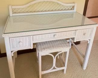 White Rattan Desk and Stool by Henry Link