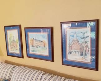 Three  Framed lithographs- Miami University campus landmarks, specifically Upham Hall, Fisher Hall, and Elliott Hall.