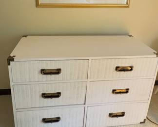Vintage Campaign Style Wicker Front Six Drawer Dresser